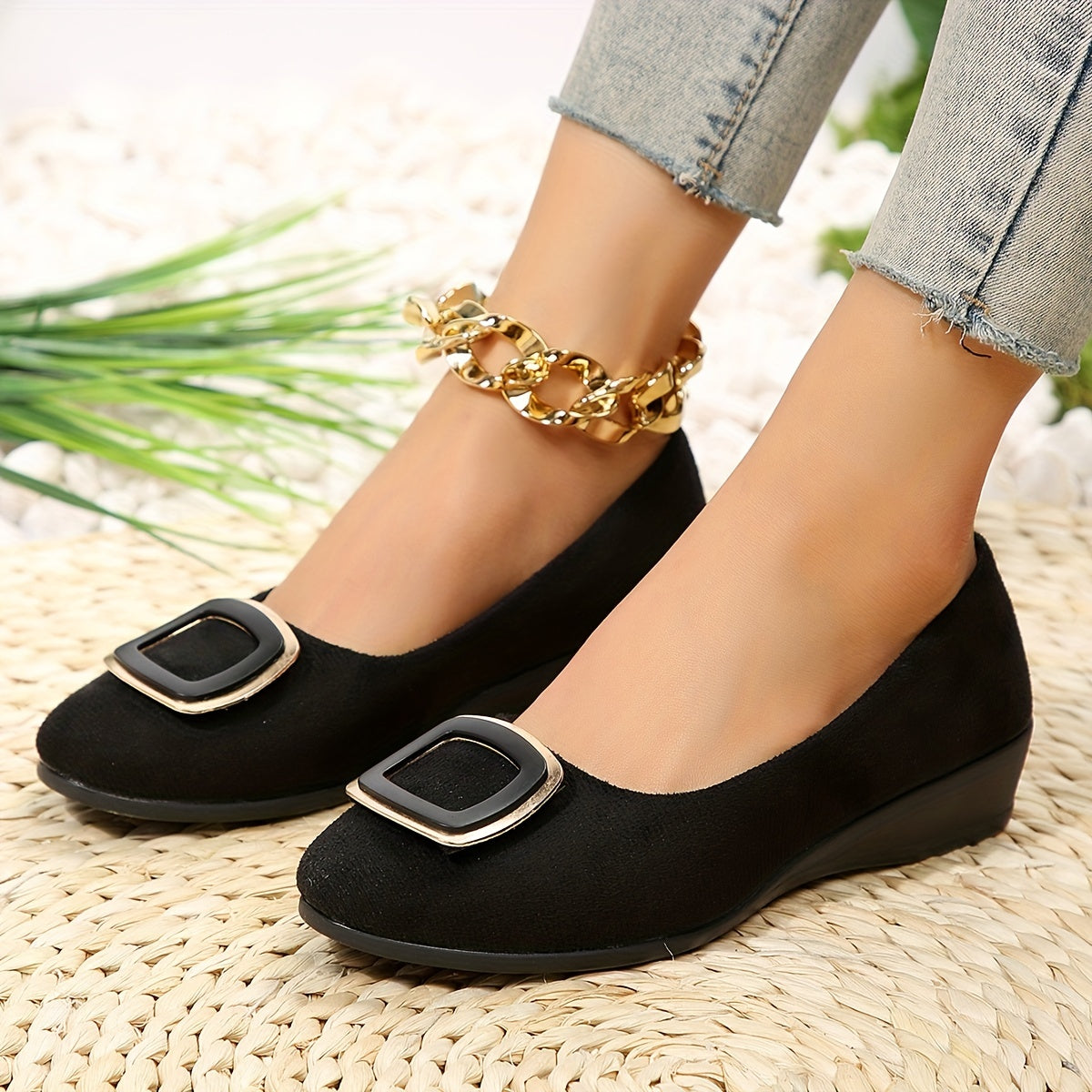 Women's Slip On Wedge Shoes with Buckle Decor