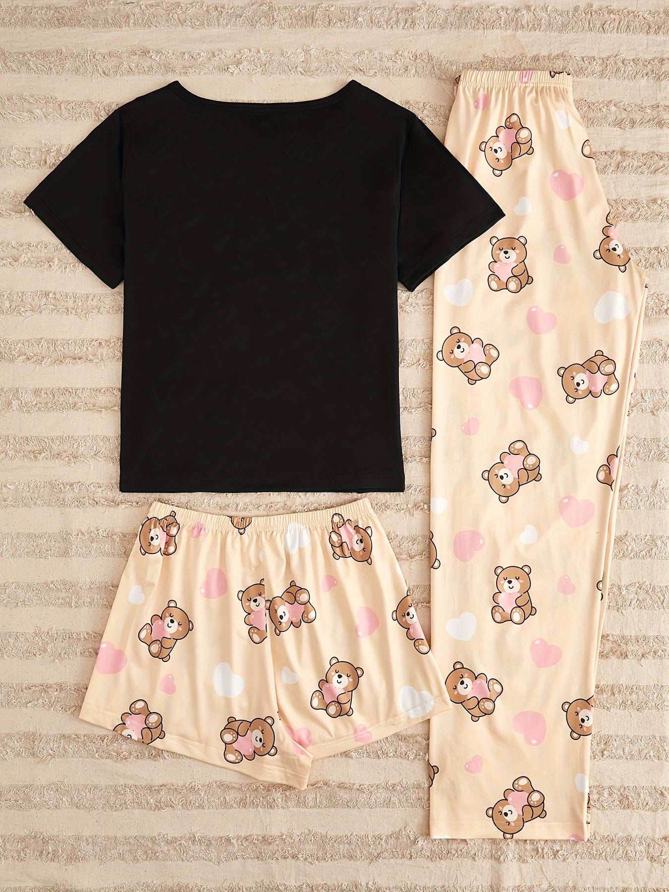 Bear Print Pajamas Set Crew Neck Top & Shorts Women's Sleepwear