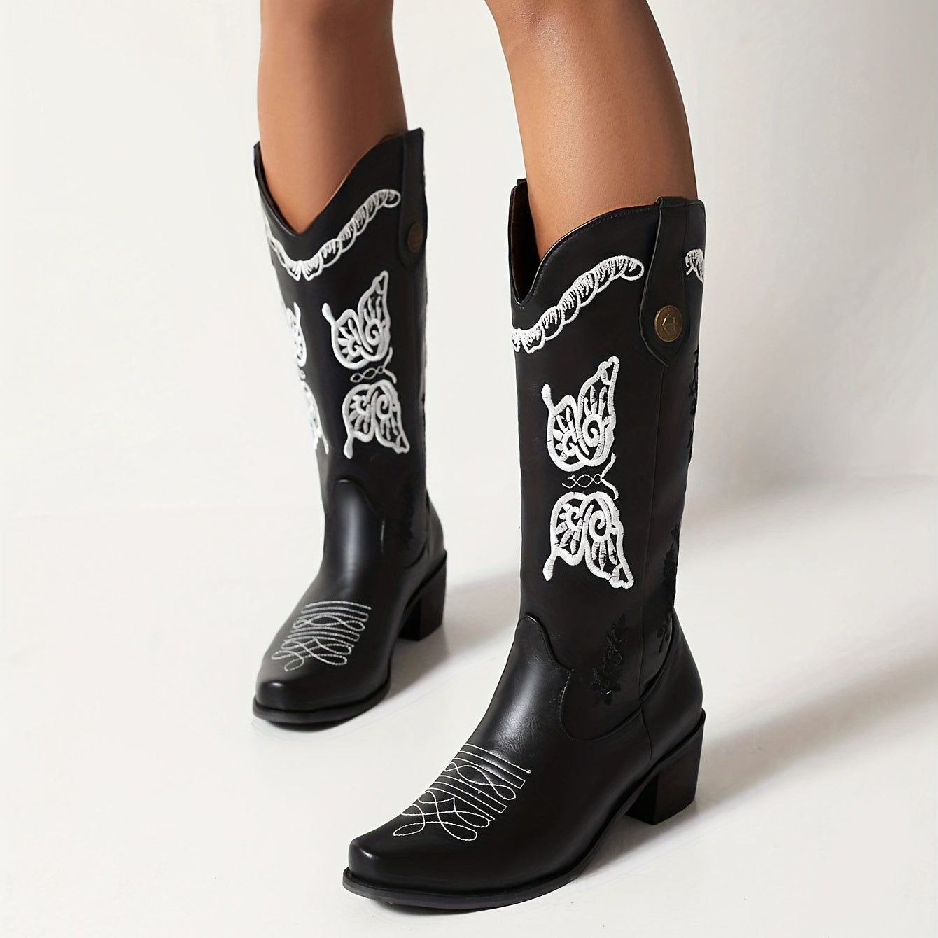 Women's Butterfly Embroidery Cowboy Boots Pull On Mid Calf Boots