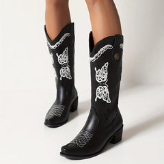 Women's Butterfly Embroidery Cowboy Boots Pull On Mid Calf Boots