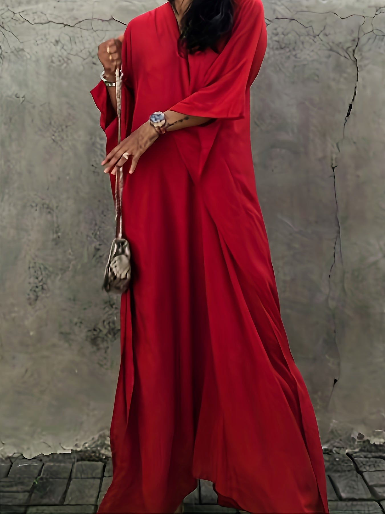 Vacay Cover Up Women's Plus Solid Batwing Sleeve V Neck Maxi Split Kaf