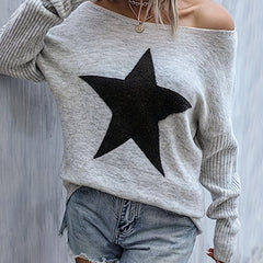 Star Pattern Crew Neck Pullover Sweater for Women