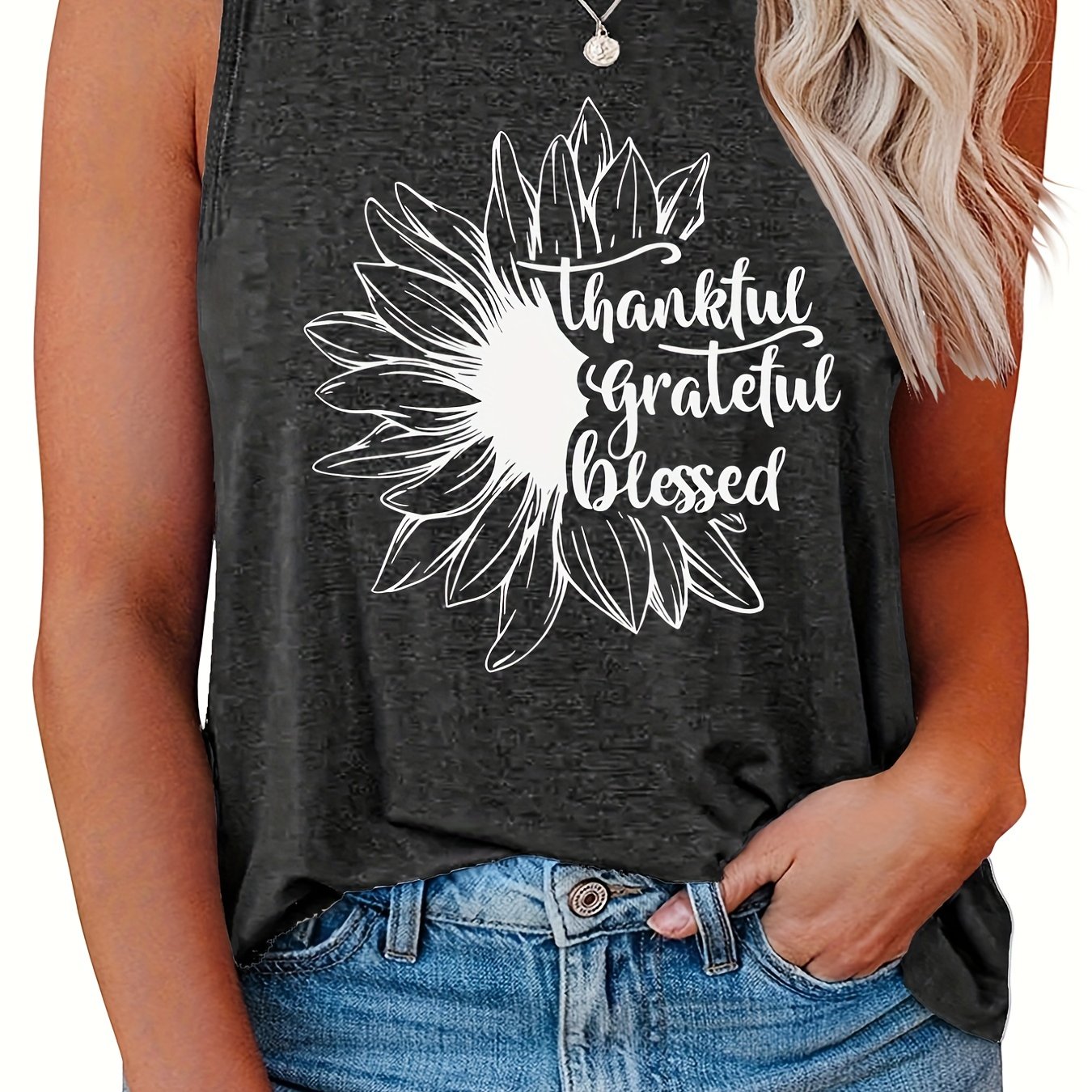 Casual Tank Top Women's Plus Slogan & Floral Print