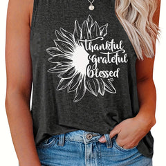 Casual Tank Top Women's Plus Slogan & Floral Print