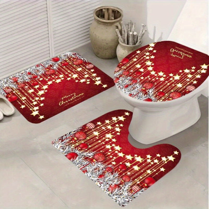 Christmas Style Shower Curtain Set with Non-Slip Bathroom Rug