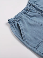 Casual Denim Shorts Women's Plus Solid Raw Trim Elastic Waist