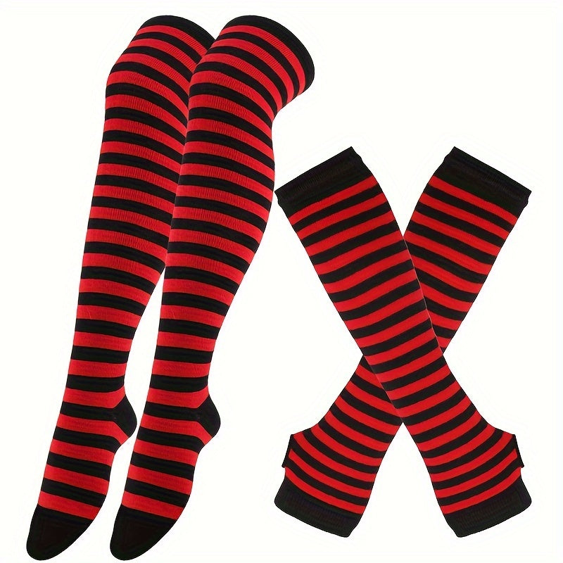 2 Pairs Set Long Over Knee Socks Colorful Striped Gloves Set