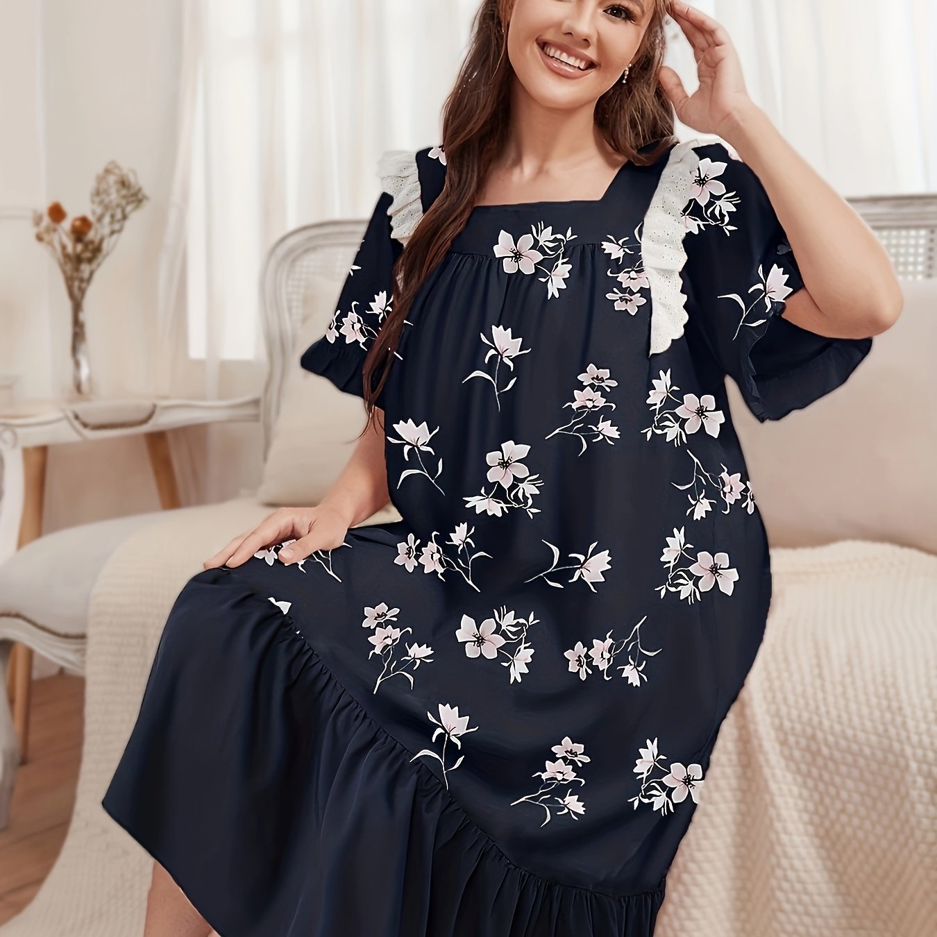 Nightdress Women's Plus Floral Print Lace Trim Short Sleeve