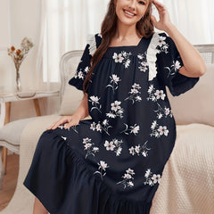 Nightdress Women's Plus Floral Print Lace Trim Short Sleeve