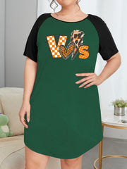 Checkered & Leopard Print Round Neck Tee Sleep Dress