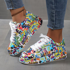 Graffiti Pattern Platform Skate Shoes Faux Leather Lace Up Sneakers