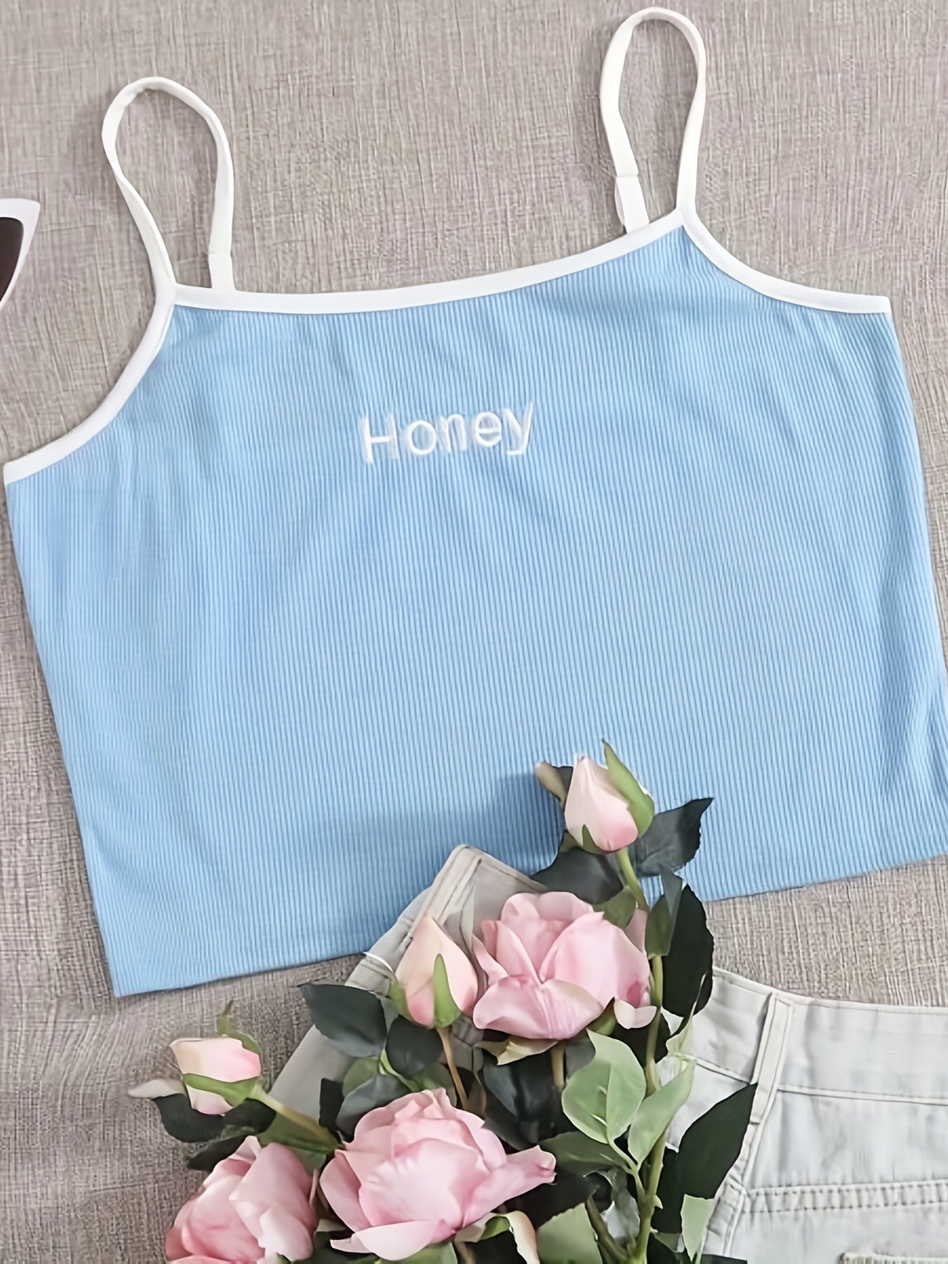 Women's Plus Ribbed Cami Top with Letter Embroidery