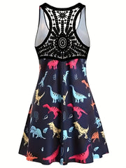 Dinosaur Print Casual Tank Dress with Lace Panel