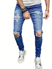 Slim Fit Ripped Jeans Men's Casual Street Style Distressed Mid Stretch Denim Pan