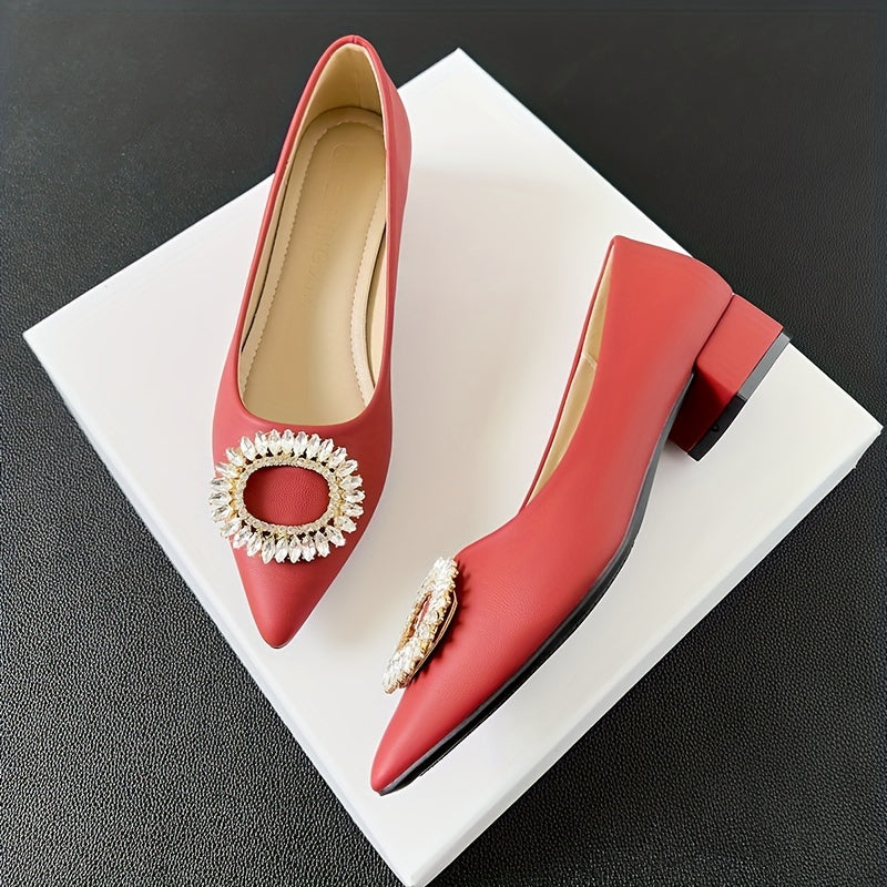 Women's Rhinestone Slip On Low Heel Point Toe Glitter Dress Shoes