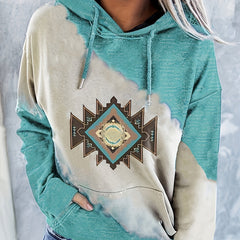 Ethnic Print Kangaroo Pocket Hoodie Long Sleeve Sweatshirt Women's Clothing