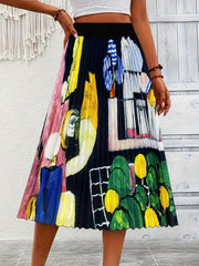 Abstract Print High Rise Pleated A line Skirt