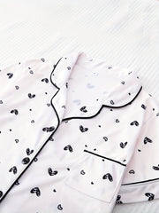 Heart Print Pajama Set Short Sleeve Buttons Top & Elastic Waistband Shorts