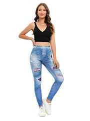 Denim Print High Waist Skinny Leggings Casual Stretchy Leggings