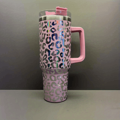 40oz Stainless Steel Insulated Car Cup Leopard Print Handle Straw Hand Wash