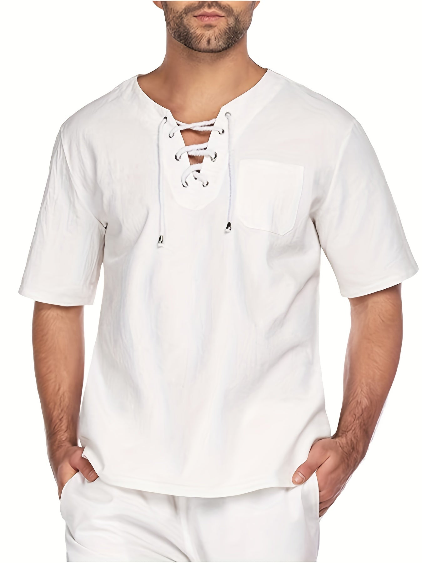 INCERUN Men's Cotton Short Sleeve Lace Up Shirts Hippie Baggy V Neck Tee