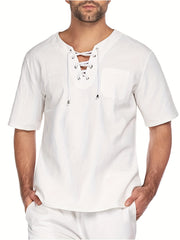 INCERUN Men's Cotton Short Sleeve Lace Up Shirts Hippie Baggy V Neck Tee