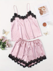 Lace Trim Pajama Set V Neck Cami Top & Shorts