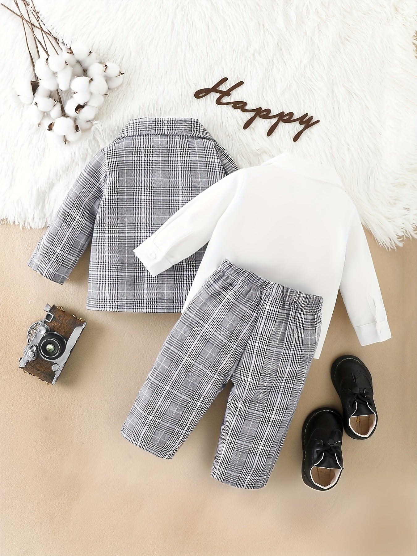Baby Boy Plaid Suit Jacket & Bow & Shirt & Trousers Set