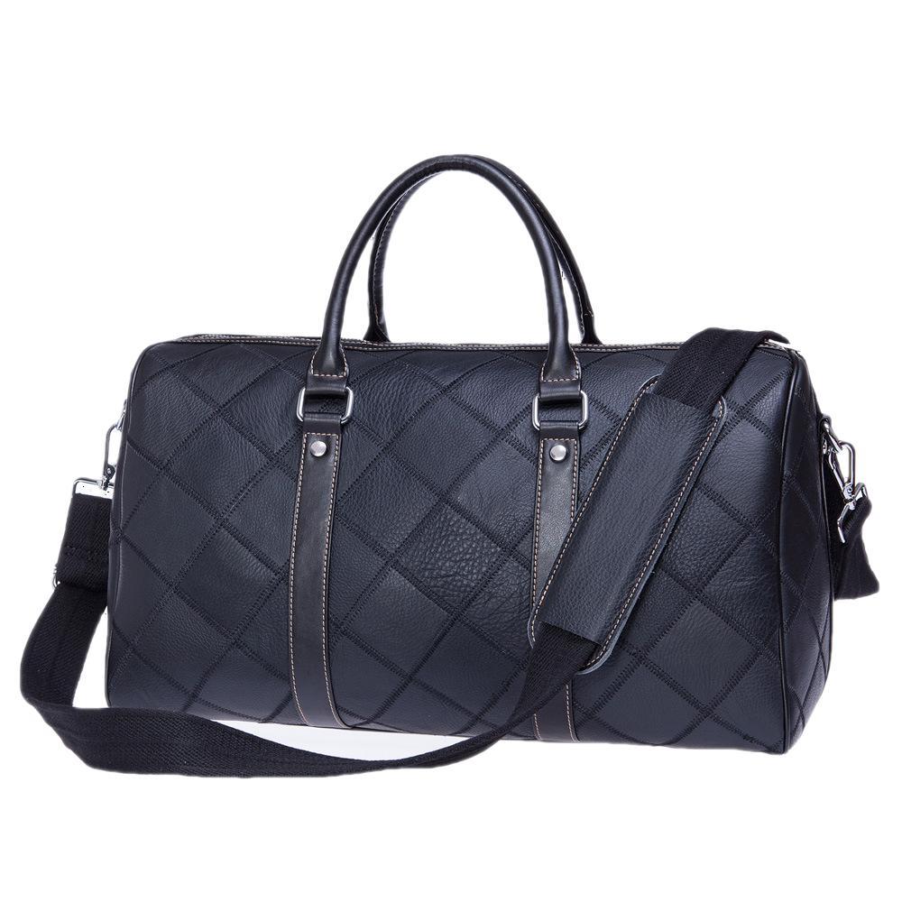 Men's Leather Duffel Bag Vintage Shoulder Bag Plaid Travel Luggage