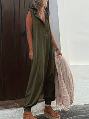 Solid Half Button Sleeveless Jumpsuit