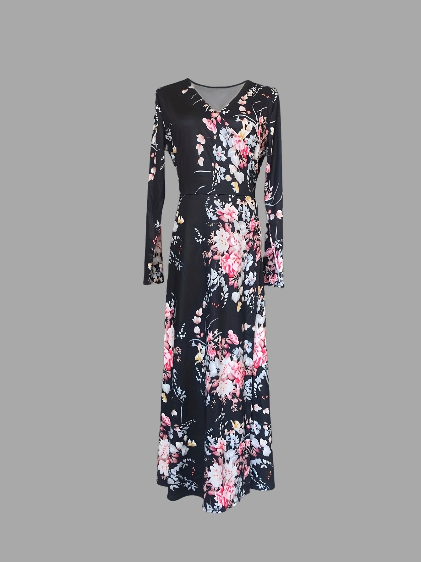 Floral Print V Neck Dress Vintage Long Sleeve Dress Women's Clothing
