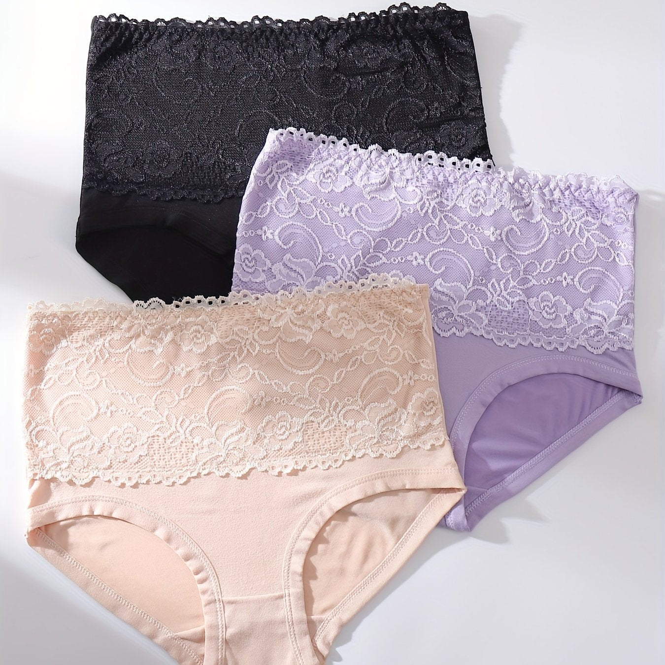 3pcs Lace Stitching Briefs Stretchy Intimates Panties
