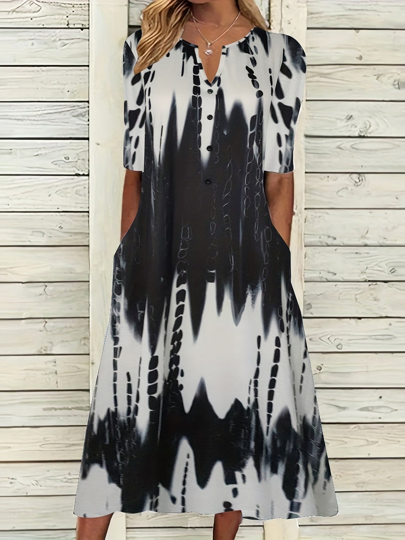 Tie Dye Button Decor Short Sleeve Notched Neck Dress