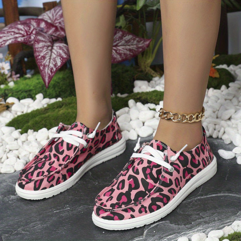 Pink Leopard Canvas Shoes Low Top Flat Casual Sneakers
