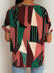 Colorblock Geometric Print V Neck Blouse