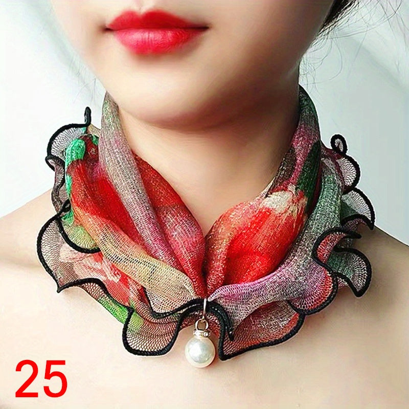 Breathable Lace Scarf with Faux Pearl Pendant