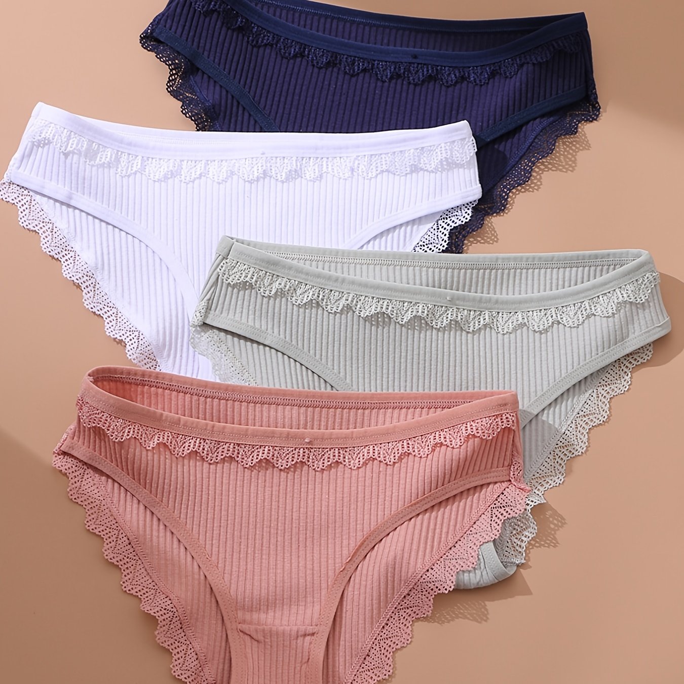 4pcs Womens Seamless Panties Lace Trim Cotton Briefs