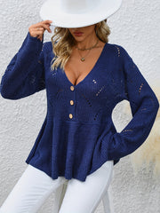 V Neck Button Front Pullover Sweater for Women
