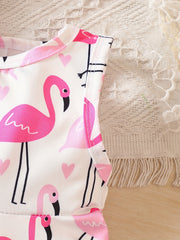 Flamingo Print Baby Girl Sleeveless Casual Dress