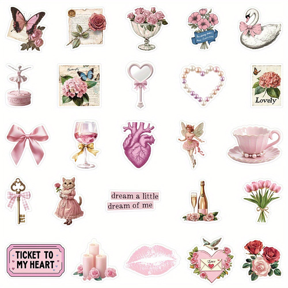 50 Pink Cartoon Vinyl Stickers Cats Floral Hearts Quotes Decals