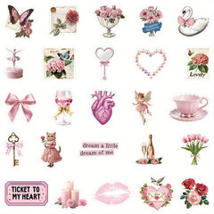 50 Pink Cartoon Vinyl Stickers Cats Floral Hearts Quotes Decals