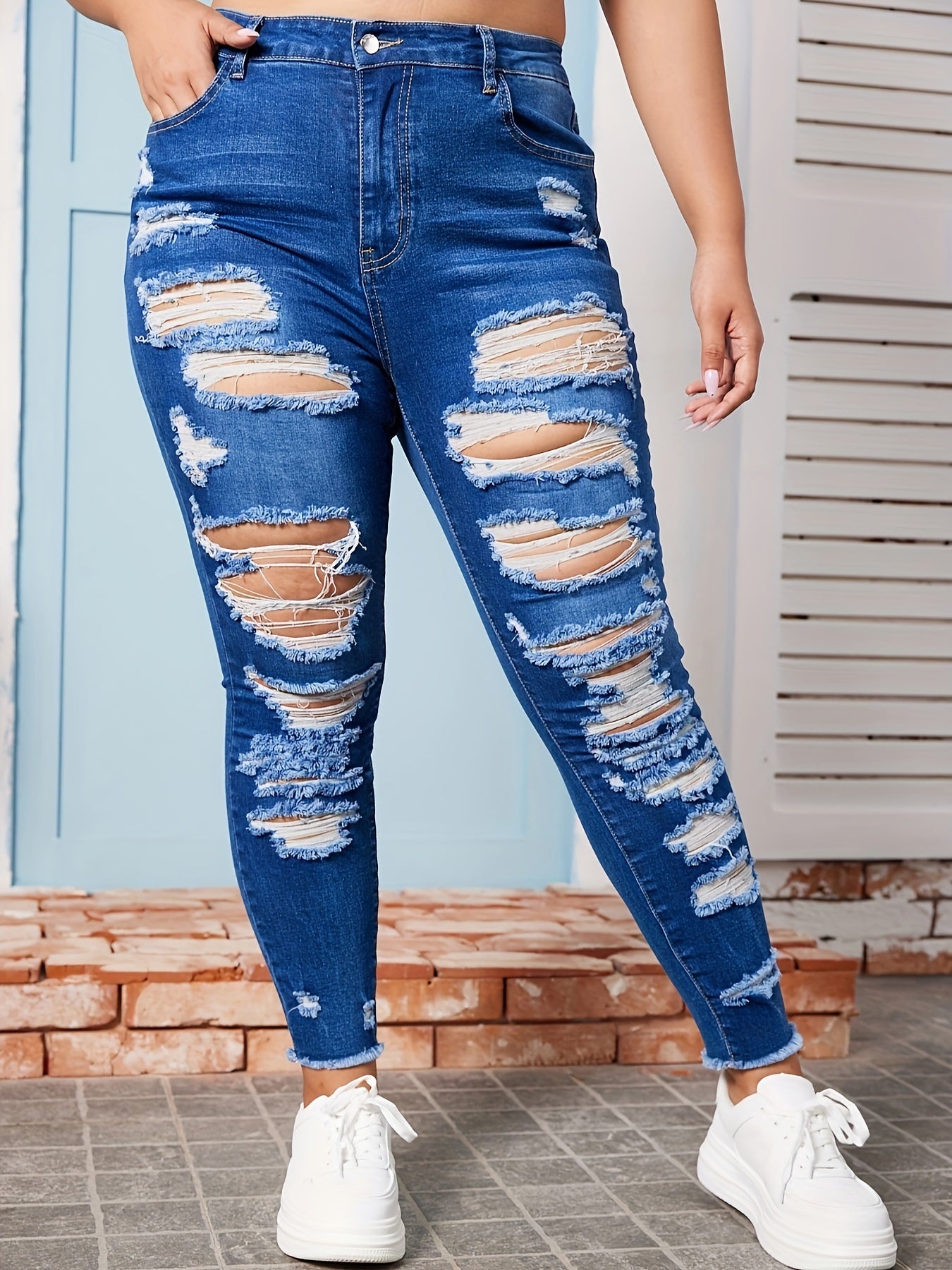 Plus Solid Button Fly Ripped Fringe Trim High Rise Skinny Jeans