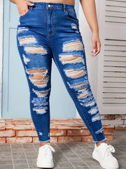 Plus Solid Button Fly Ripped Fringe Trim High Rise Skinny Jeans