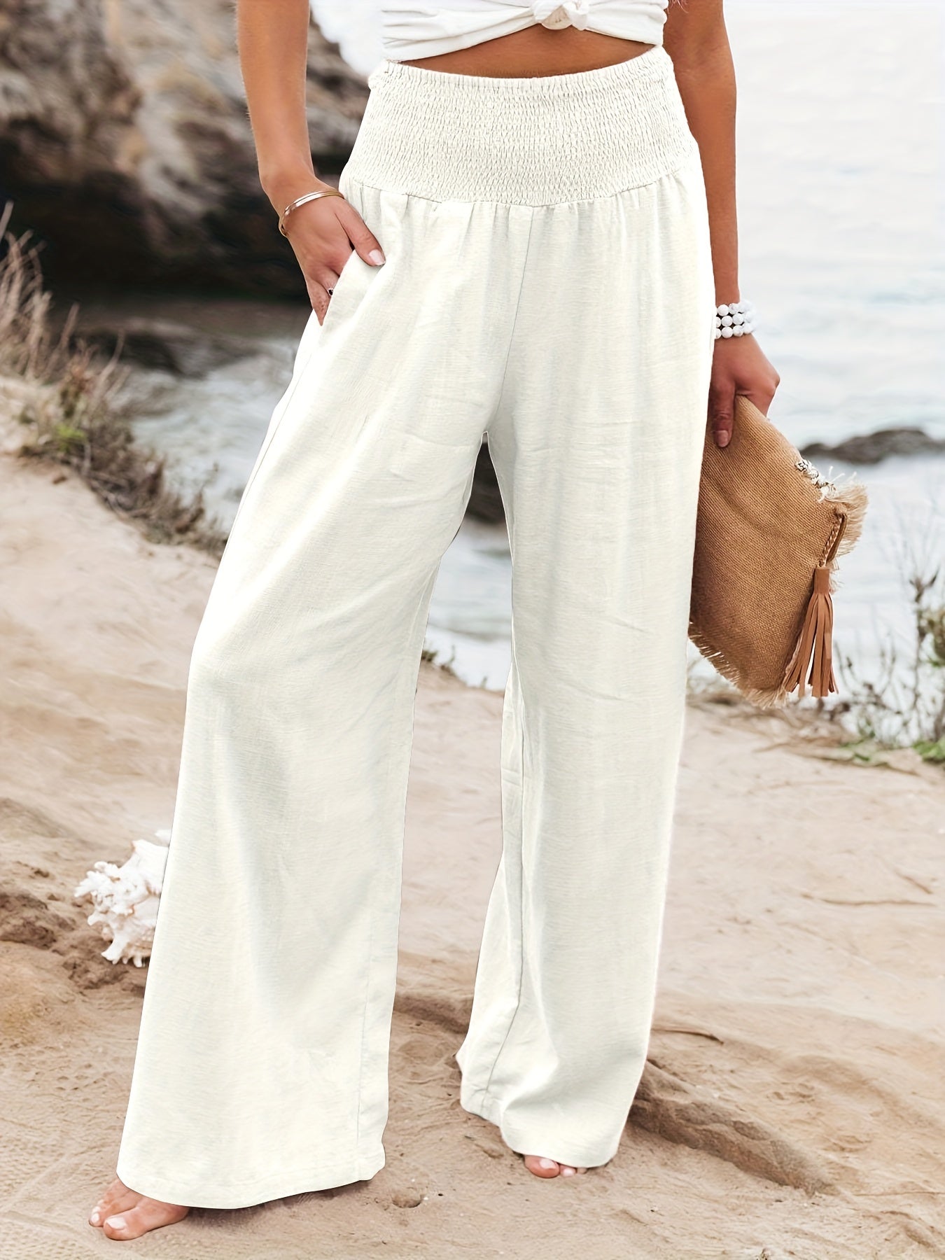 Solid Elastic Waist Wide Leg Pants for Women