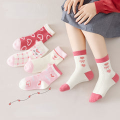 5 Pairs Girl's Cartoon Love Heart Knitted Crew Socks