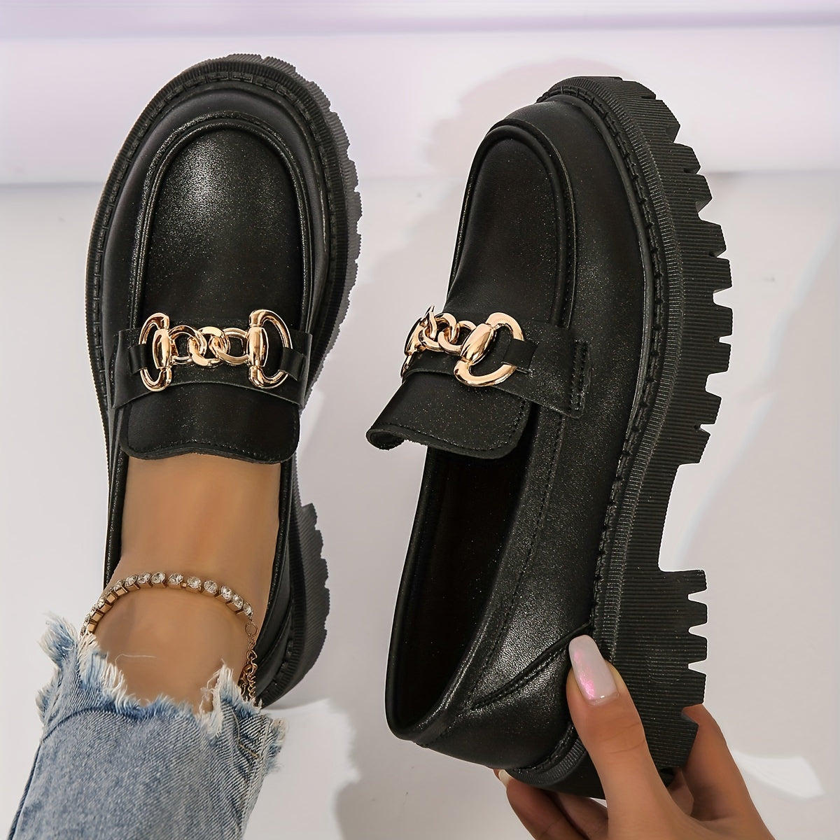 Platform Loafers Metallic Buckle Chunky Heeled Shoes Slip On Shoes