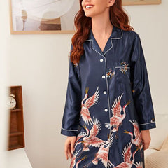 Women's Satin Collared Pocket Pajama Dress