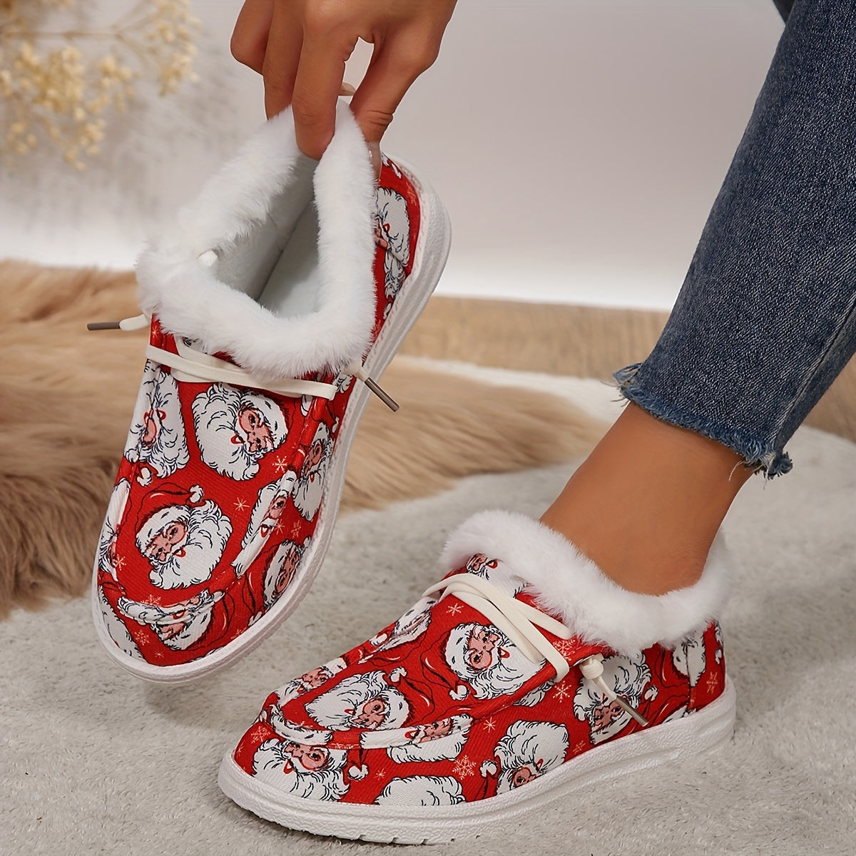Christmas Santa Claus Pattern Warm Sneakers Comfortable Flat Shoes