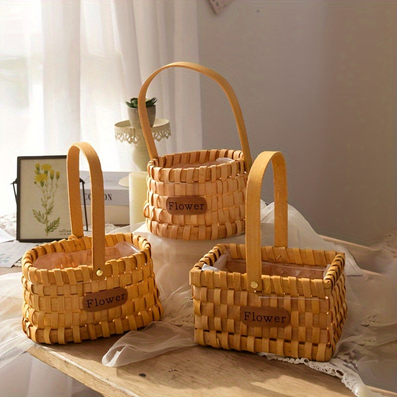Wooden Chip Flower Basket Handheld Grass Woven Flower Pot