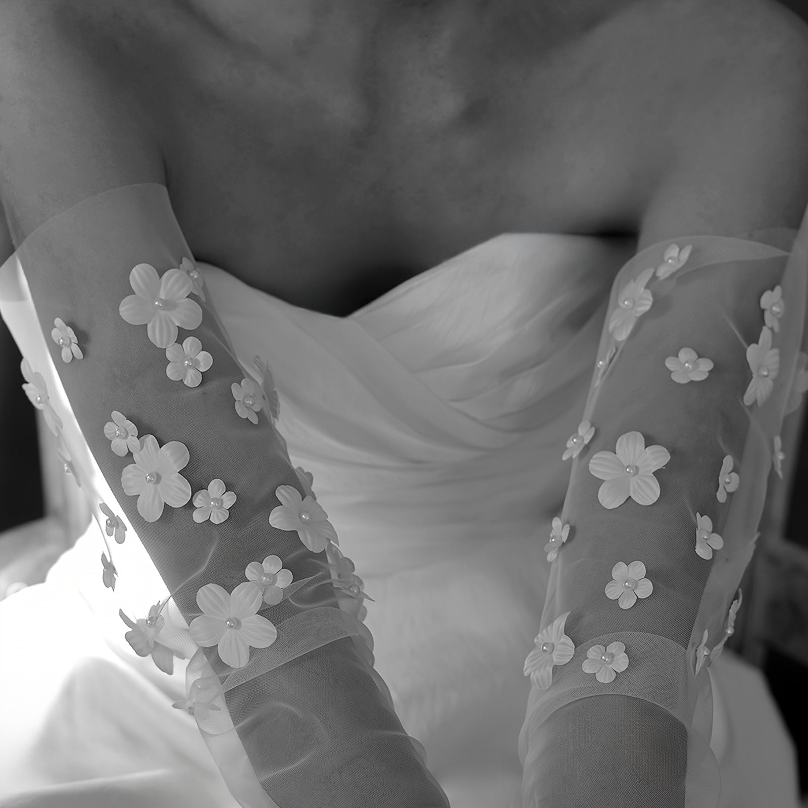 Sheer Bridal Gloves with Floral Embellishments Long Sleeve